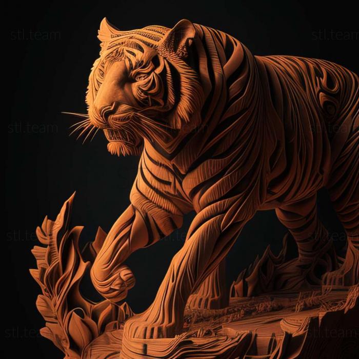 tiger on dramatic carved